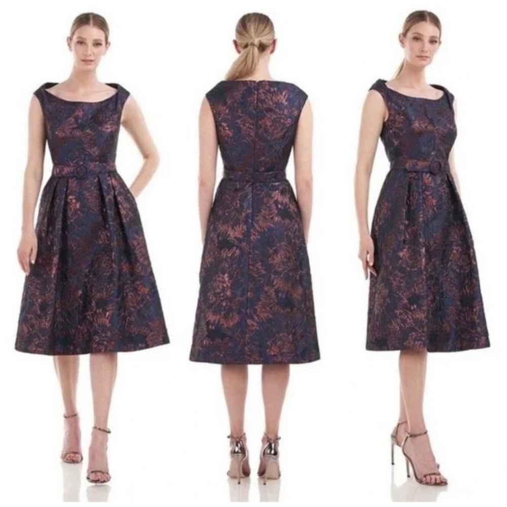 Kay Unger Blue and Rose Metallic A-Line Midi Dress